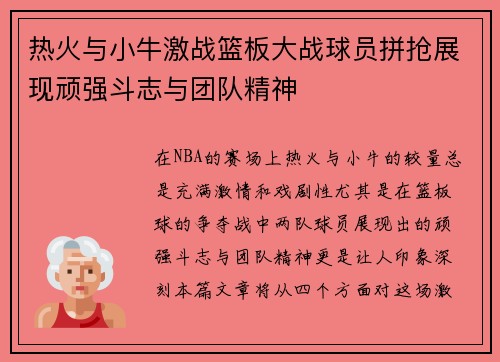 热火与小牛激战篮板大战球员拼抢展现顽强斗志与团队精神