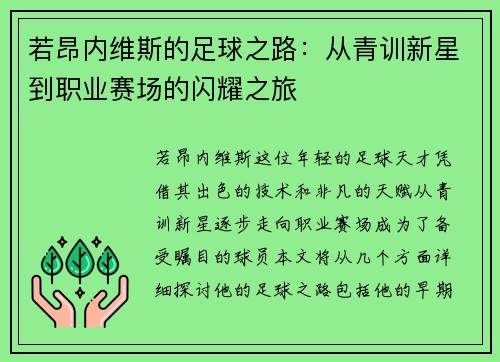 若昂内维斯的足球之路：从青训新星到职业赛场的闪耀之旅